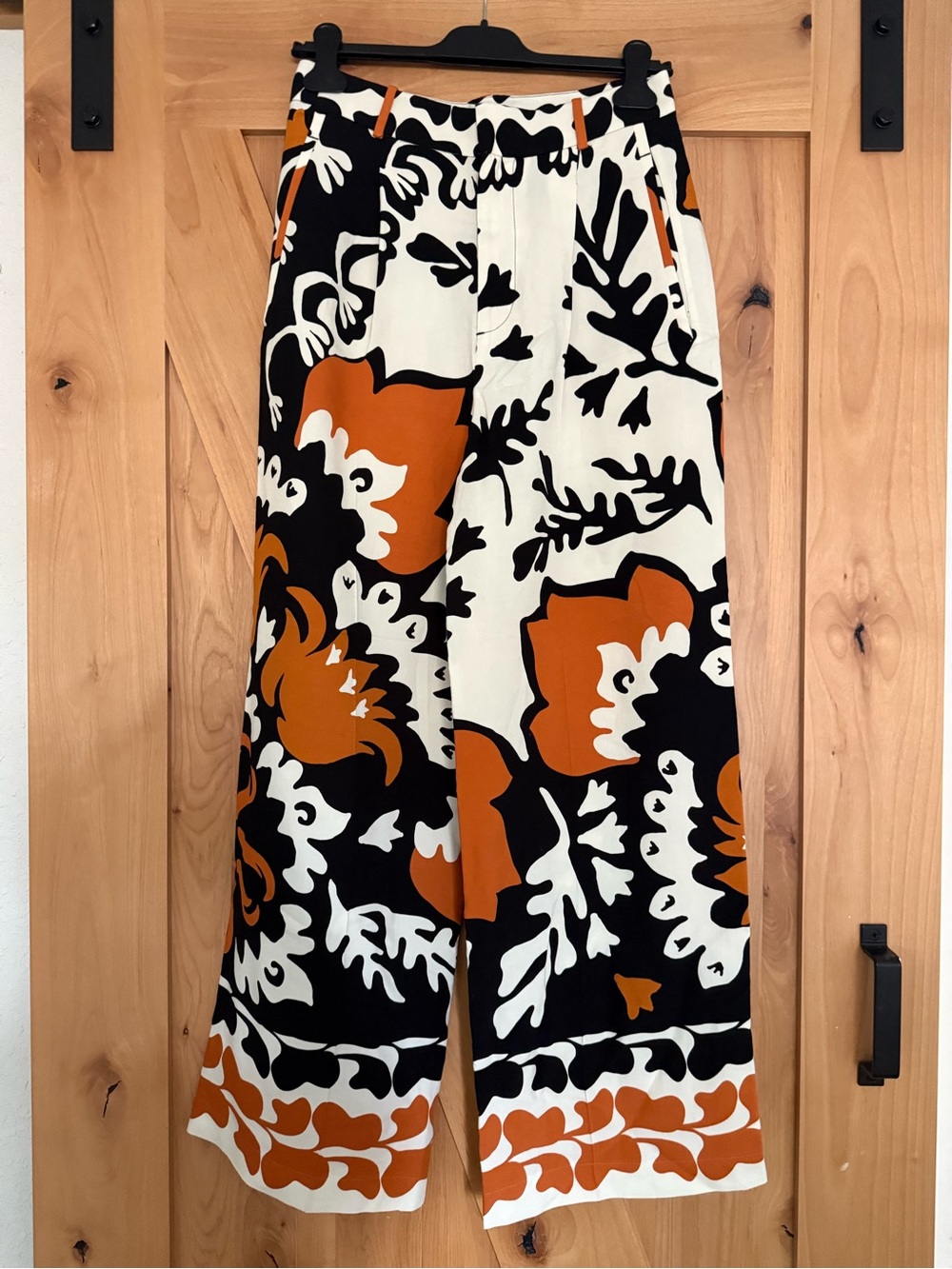 Zara Wide-Leg Floral Abstract Trousers, Black, White & Rust, Printed Pant,S, NWT
